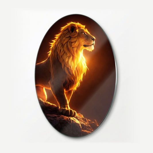 Altın Işıklı Heybetli Aslan Duvar Dekoru Oval Dikey Cam Tablo