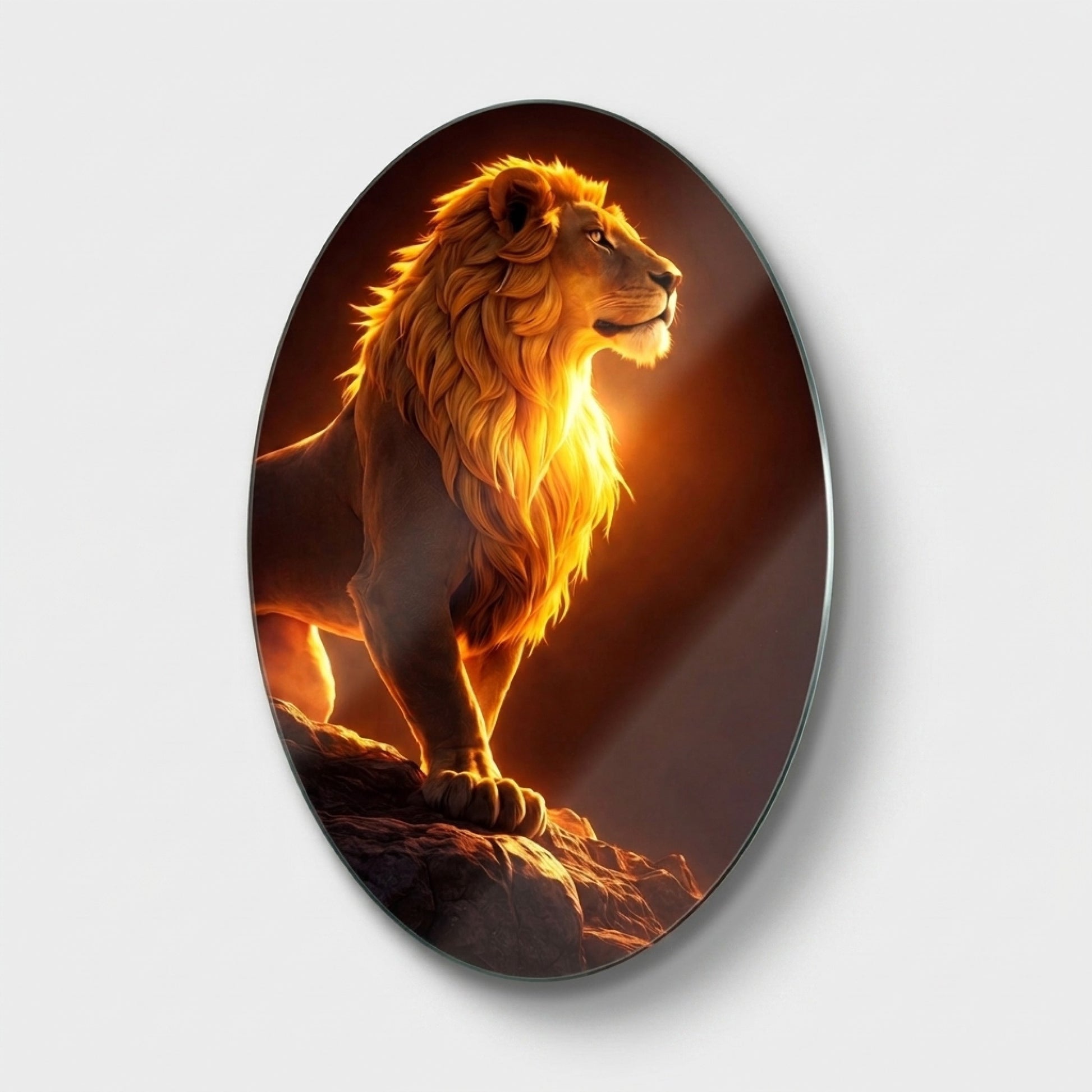Altın Işıklı Heybetli Aslan Duvar Dekoru Oval Dikey Cam Tablo
