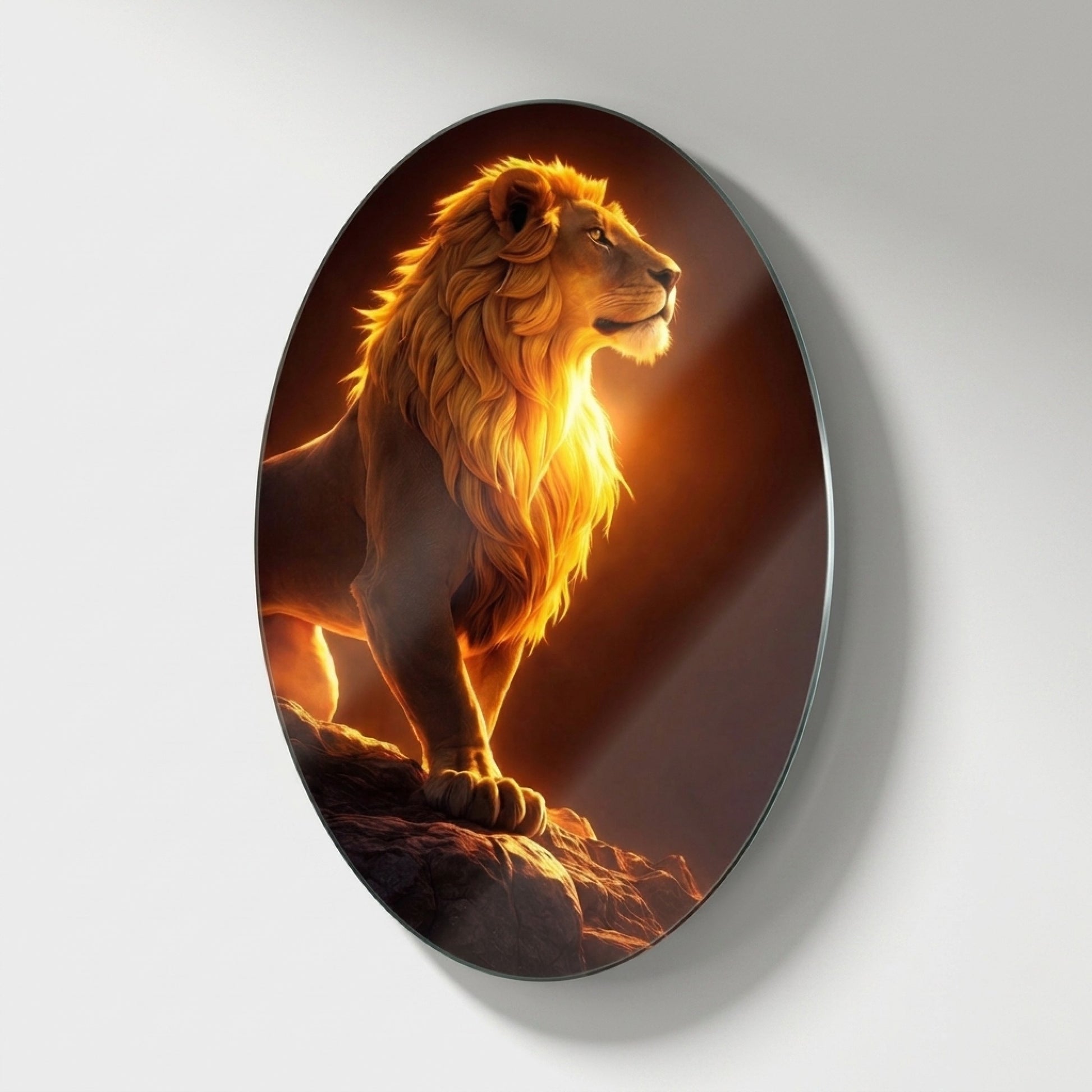 Altın Işıklı Heybetli Aslan Duvar Dekoru Oval Dikey Cam Tablo