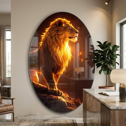 Altın Işıklı Heybetli Aslan Duvar Dekoru Oval Dikey Cam Tablo