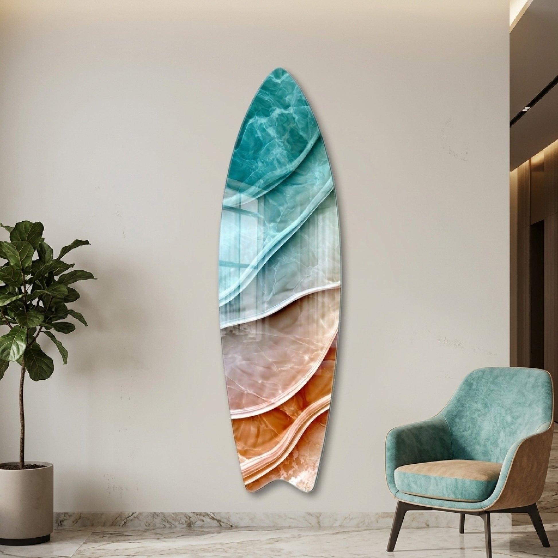 Turkuaz ve Kehribar Soyut Mermer Dokulu Duvar Dekoru Surf Board Cam Tablo