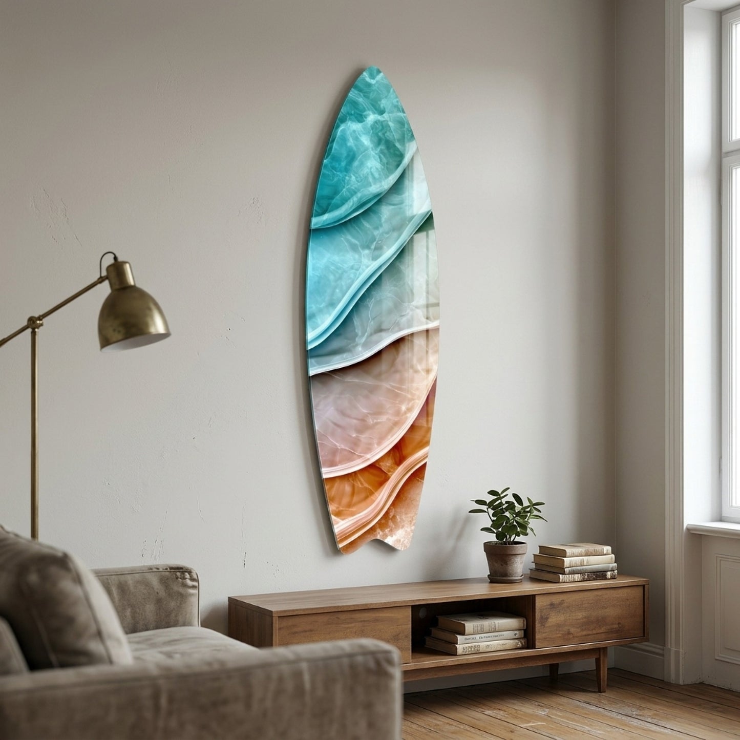 Turkuaz ve Kehribar Soyut Mermer Dokulu Duvar Dekoru Surf Board Cam Tablo