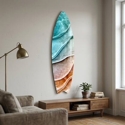 Turkuaz ve Kehribar Soyut Mermer Dokulu Duvar Dekoru Surf Board Cam Tablo