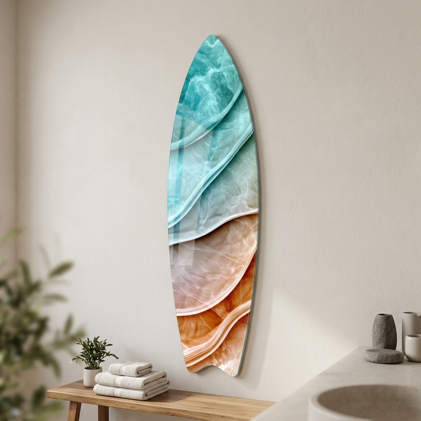 Turkuaz ve Kehribar Soyut Mermer Dokulu Duvar Dekoru Surf Board Cam Tablo
