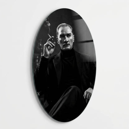 Modern Atatürk Siyah Beyaz Portre Oval Dikey Cam Tablo
