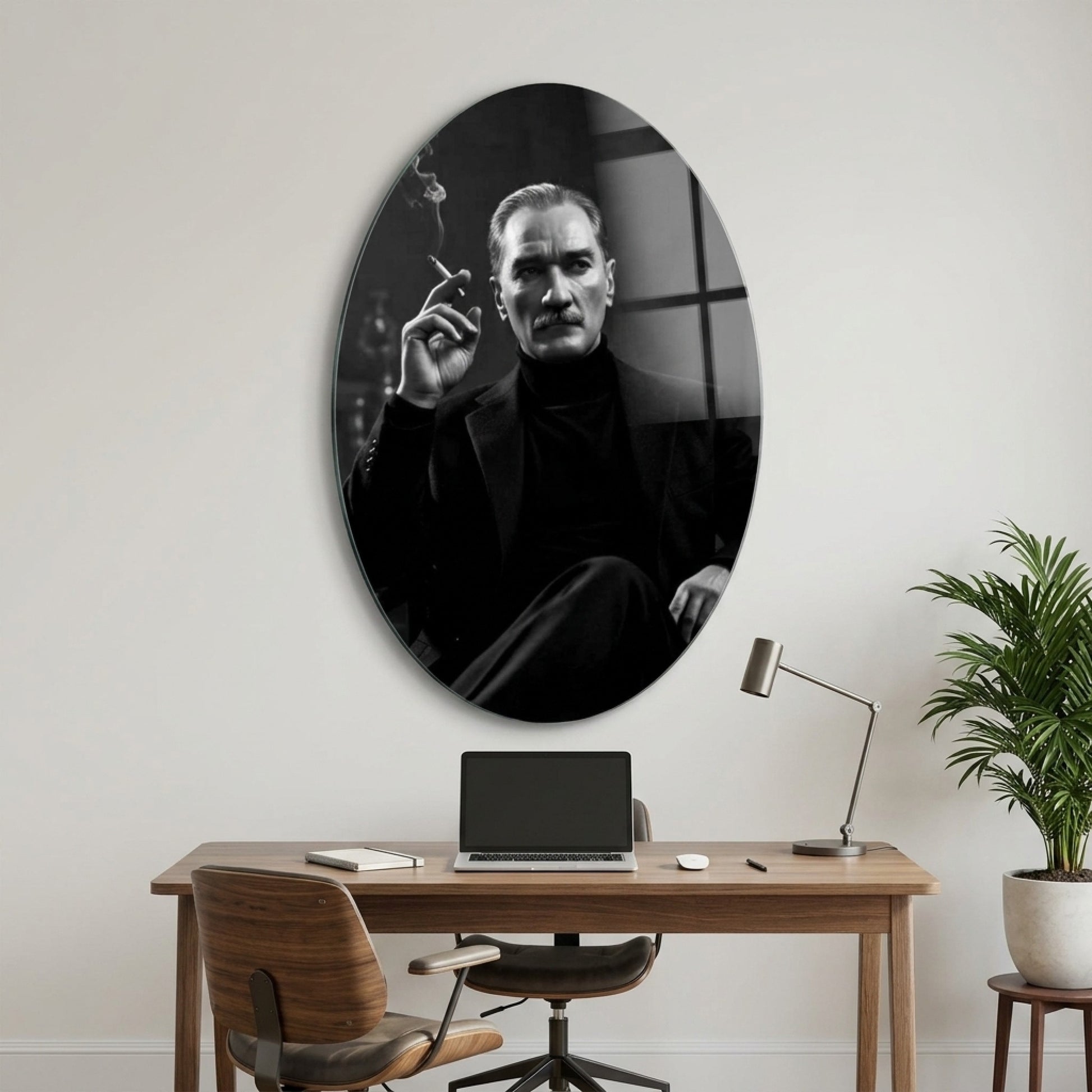 Modern Atatürk Siyah Beyaz Portre Oval Dikey Cam Tablo