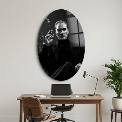 Modern Atatürk Siyah Beyaz Portre Oval Dikey Cam Tablo