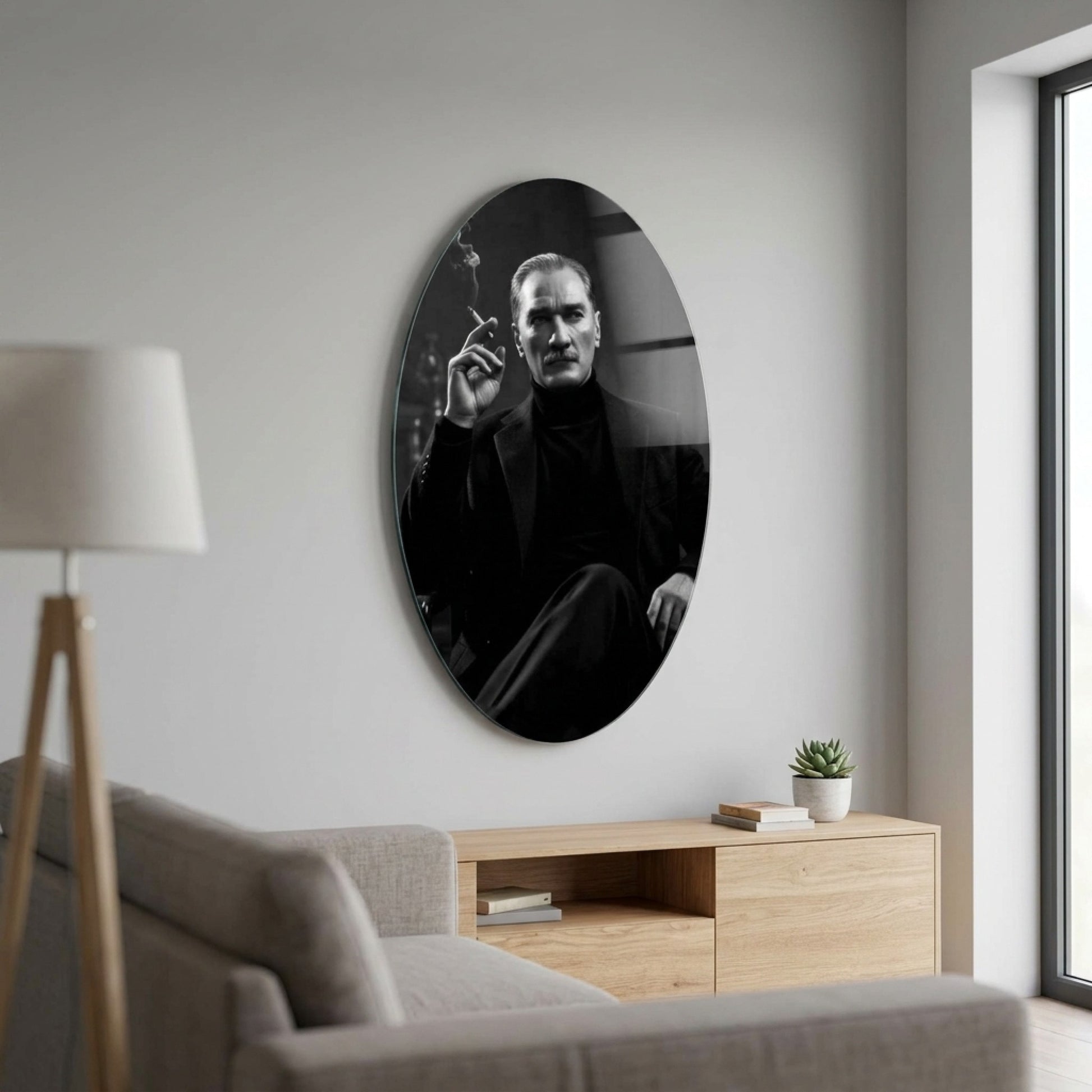 Modern Atatürk Siyah Beyaz Portre Oval Dikey Cam Tablo
