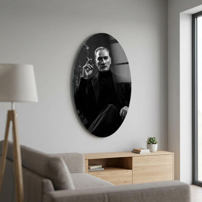 Modern Atatürk Siyah Beyaz Portre Oval Dikey Cam Tablo