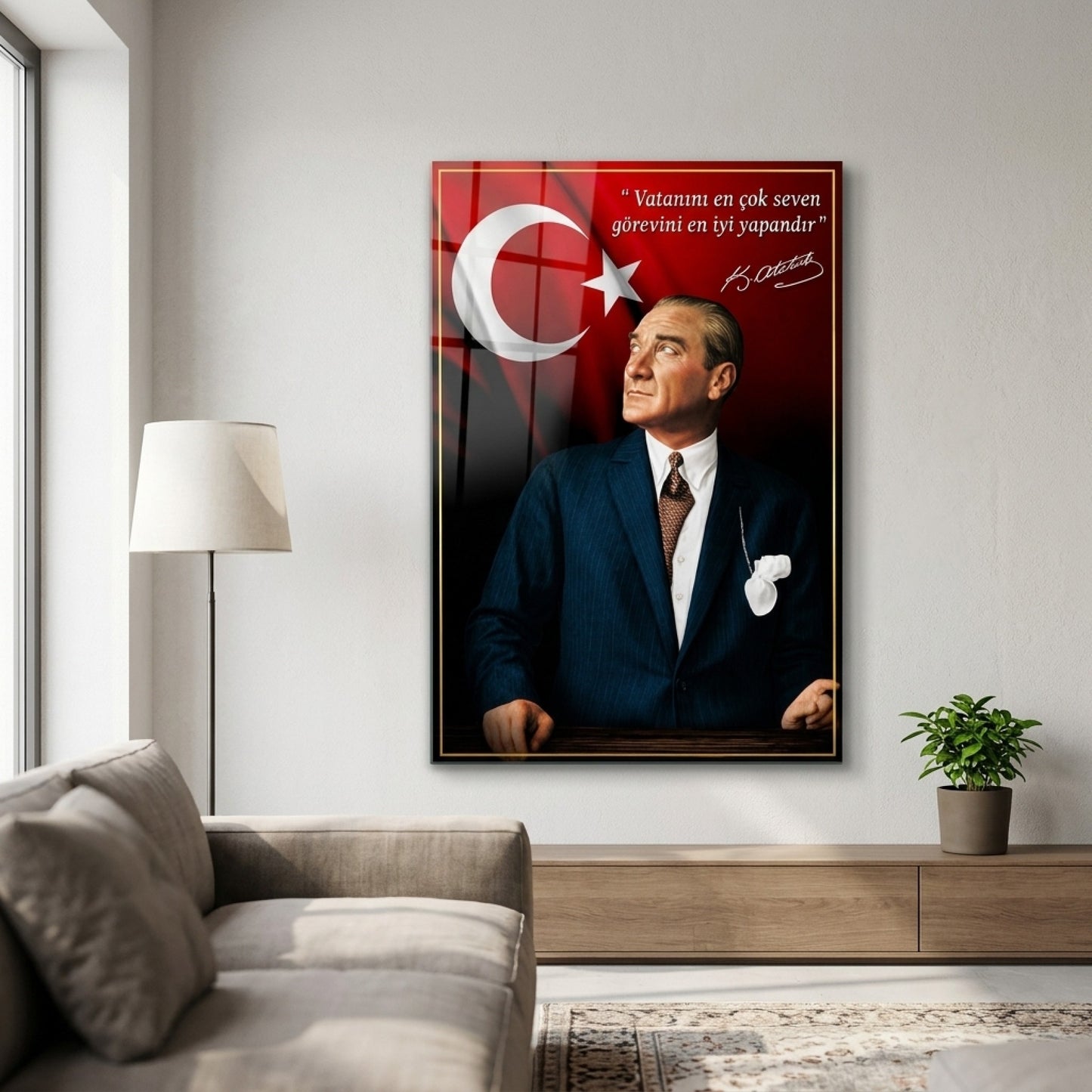 Atatürk Türk Bayrağı Sözlü Sanatsal Portre Dikey Cam Tablo