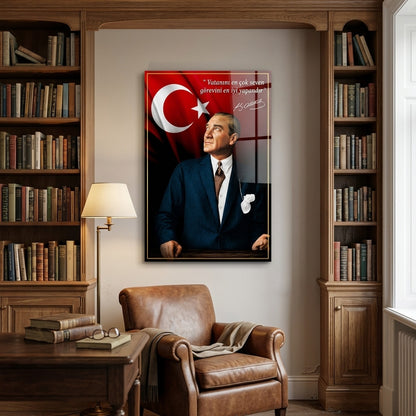 Atatürk Türk Bayrağı Sözlü Sanatsal Portre Dikey Cam Tablo