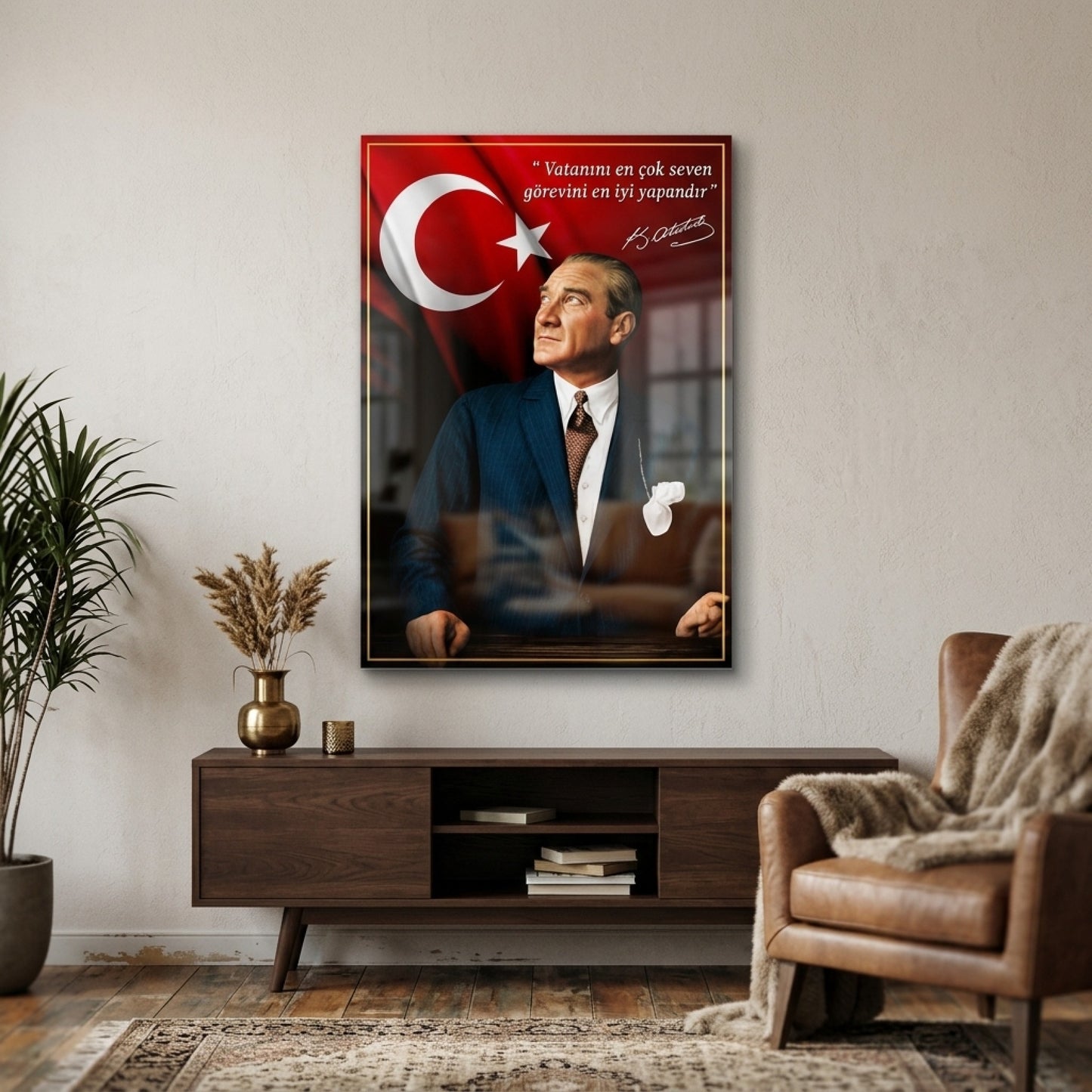 Atatürk Türk Bayrağı Sözlü Sanatsal Portre Dikey Cam Tablo