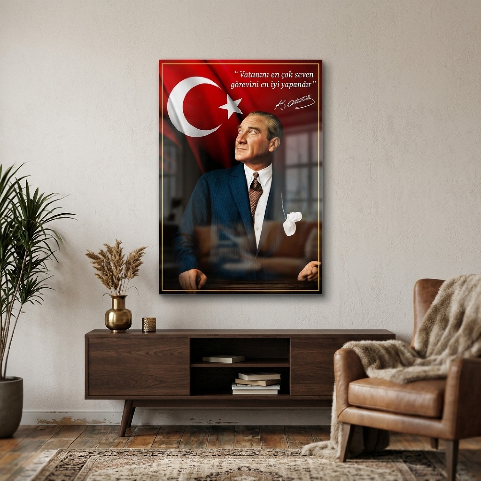 Atatürk Türk Bayrağı Sözlü Sanatsal Portre Dikey Cam Tablo