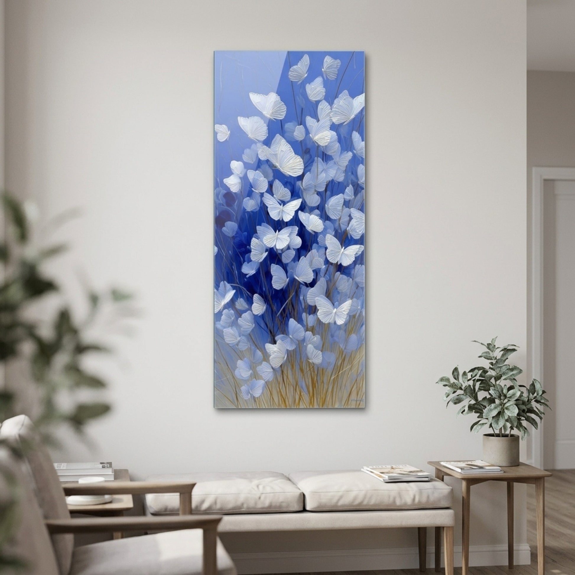 Modern Sanat Mavi Kelebekler Yağlı Boya Dokulu Panoramik Dikey Cam Tablo