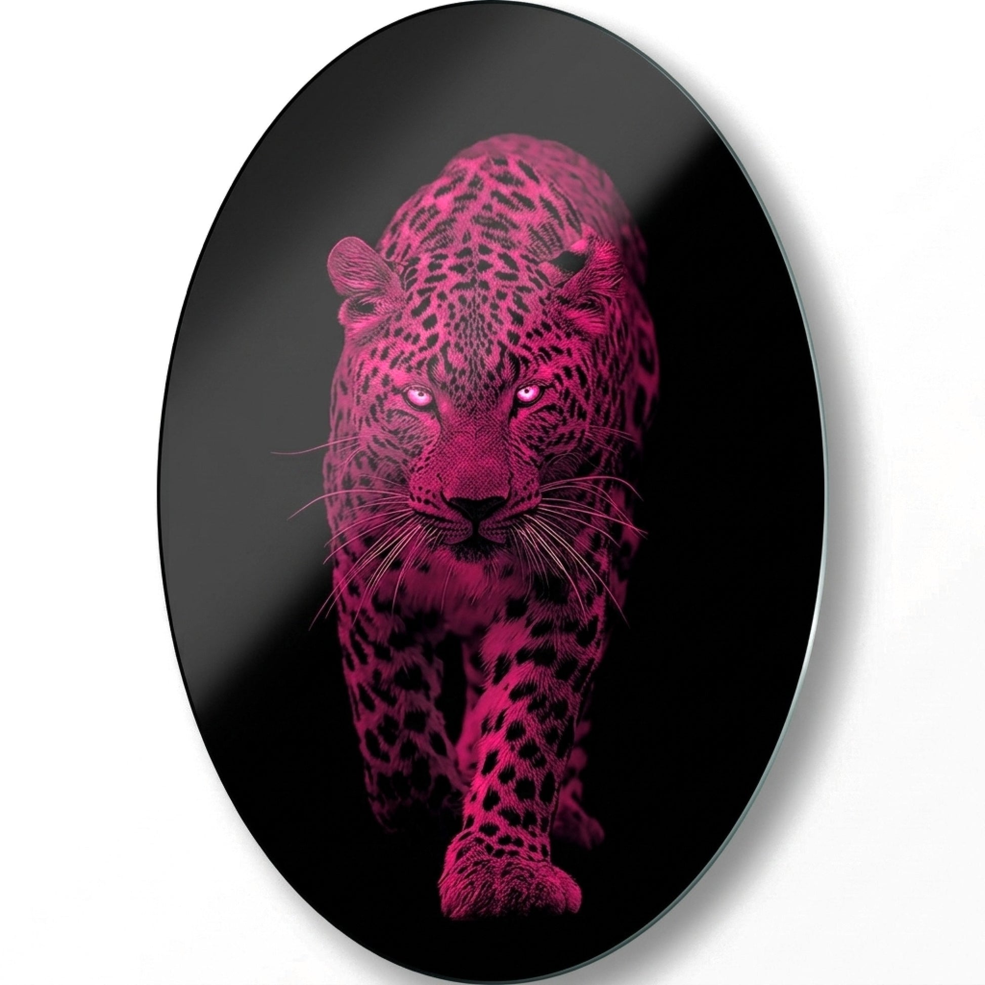 Neon Pembe Leopar Yürüyüşü Duvar Sanatı Oval Dikey Cam Tablo