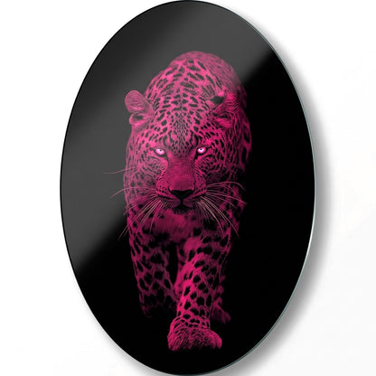 Neon Pembe Leopar Yürüyüşü Duvar Sanatı Oval Dikey Cam Tablo