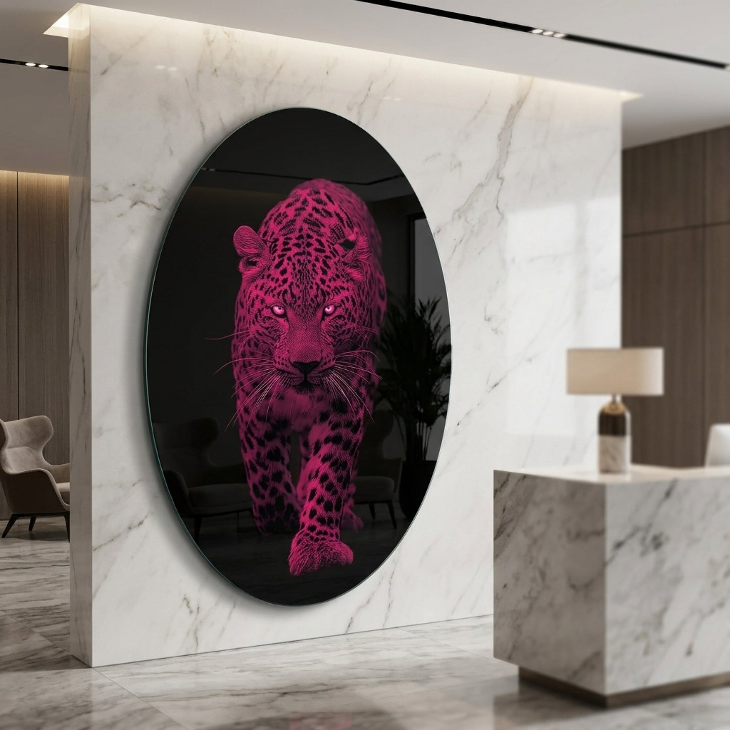 Neon Pembe Leopar Yürüyüşü Duvar Sanatı Oval Dikey Cam Tablo