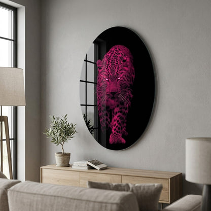 Neon Pembe Leopar Yürüyüşü Duvar Sanatı Oval Dikey Cam Tablo