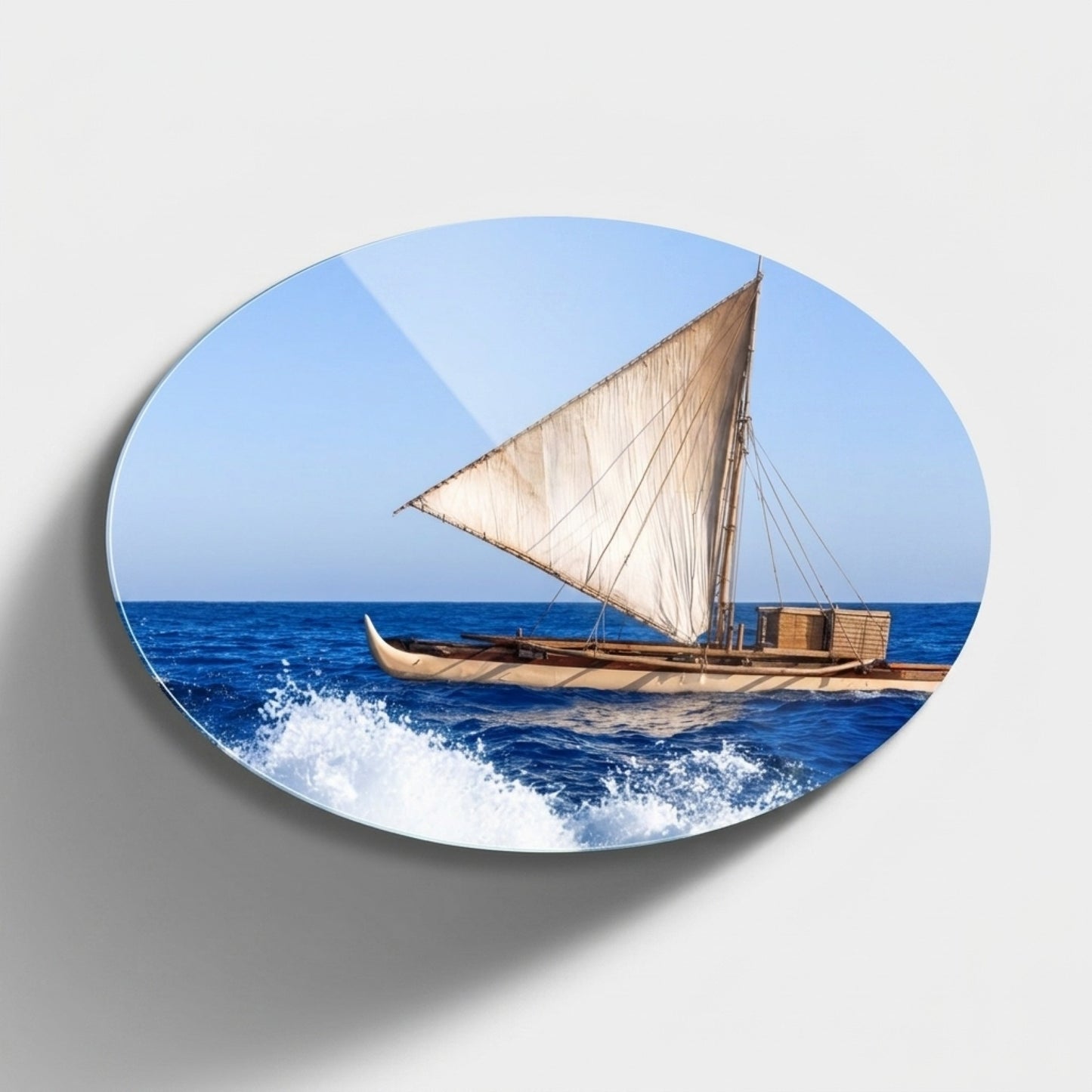 Geleneksel Yelkenli Outrigger Kano Deniz Manzarası Oval Yatay Cam Tablo