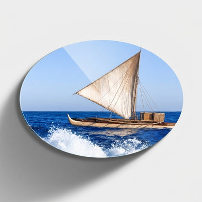 Geleneksel Yelkenli Outrigger Kano Deniz Manzarası Oval Yatay Cam Tablo