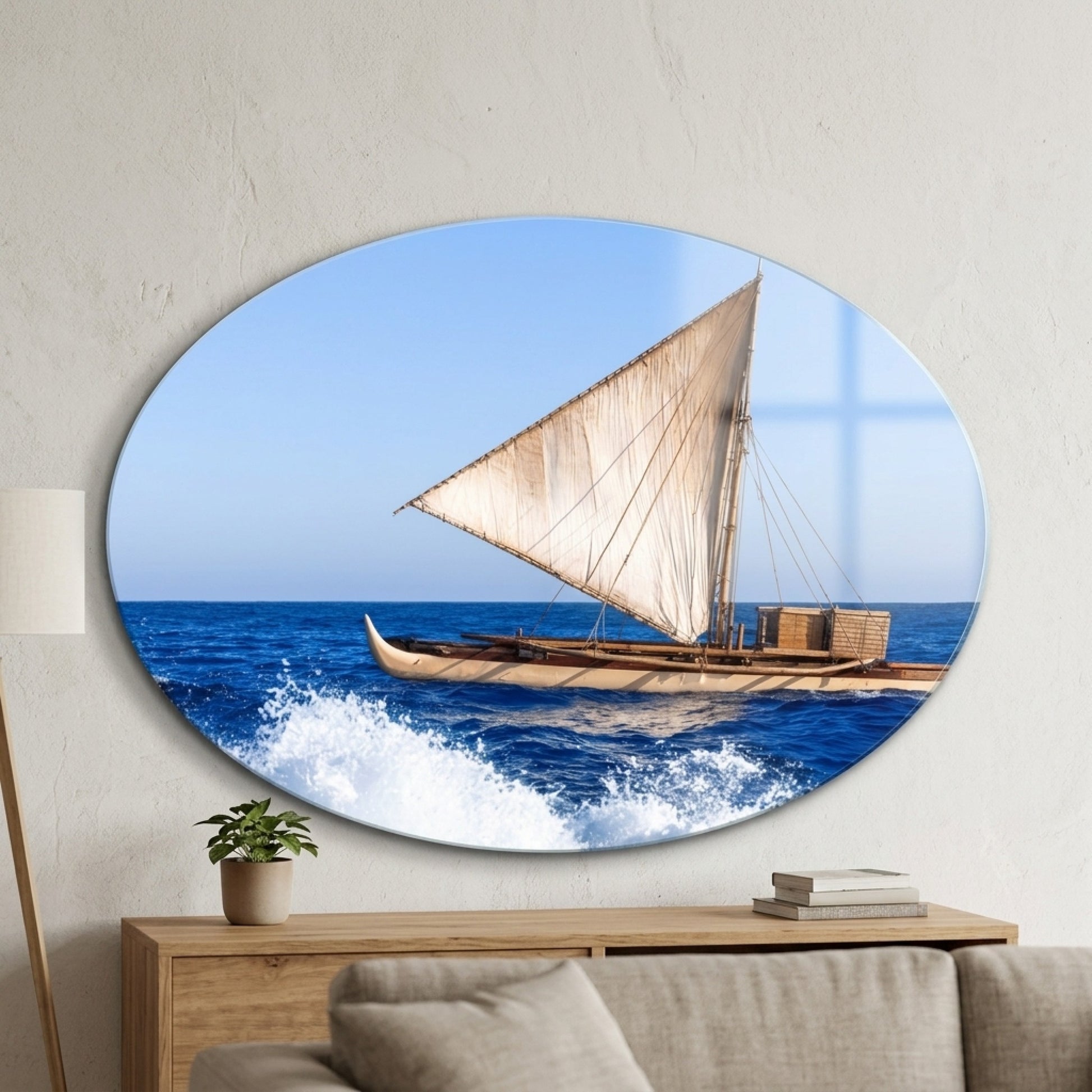 Geleneksel Yelkenli Outrigger Kano Deniz Manzarası Oval Yatay Cam Tablo