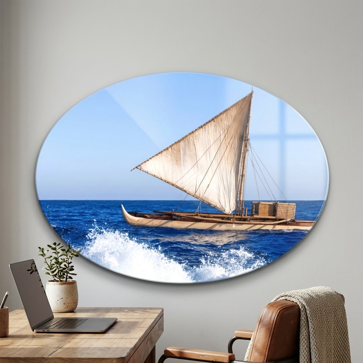 Geleneksel Yelkenli Outrigger Kano Deniz Manzarası Oval Yatay Cam Tablo