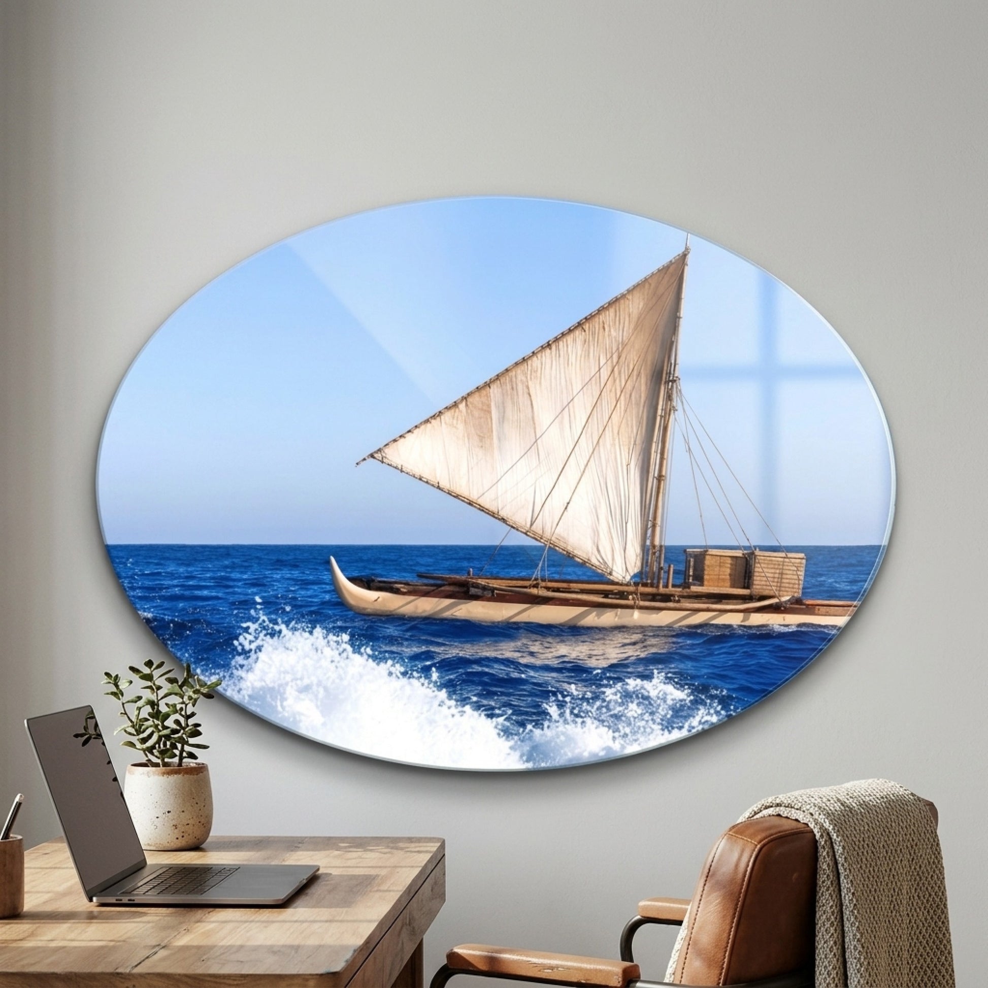 Geleneksel Yelkenli Outrigger Kano Deniz Manzarası Oval Yatay Cam Tablo
