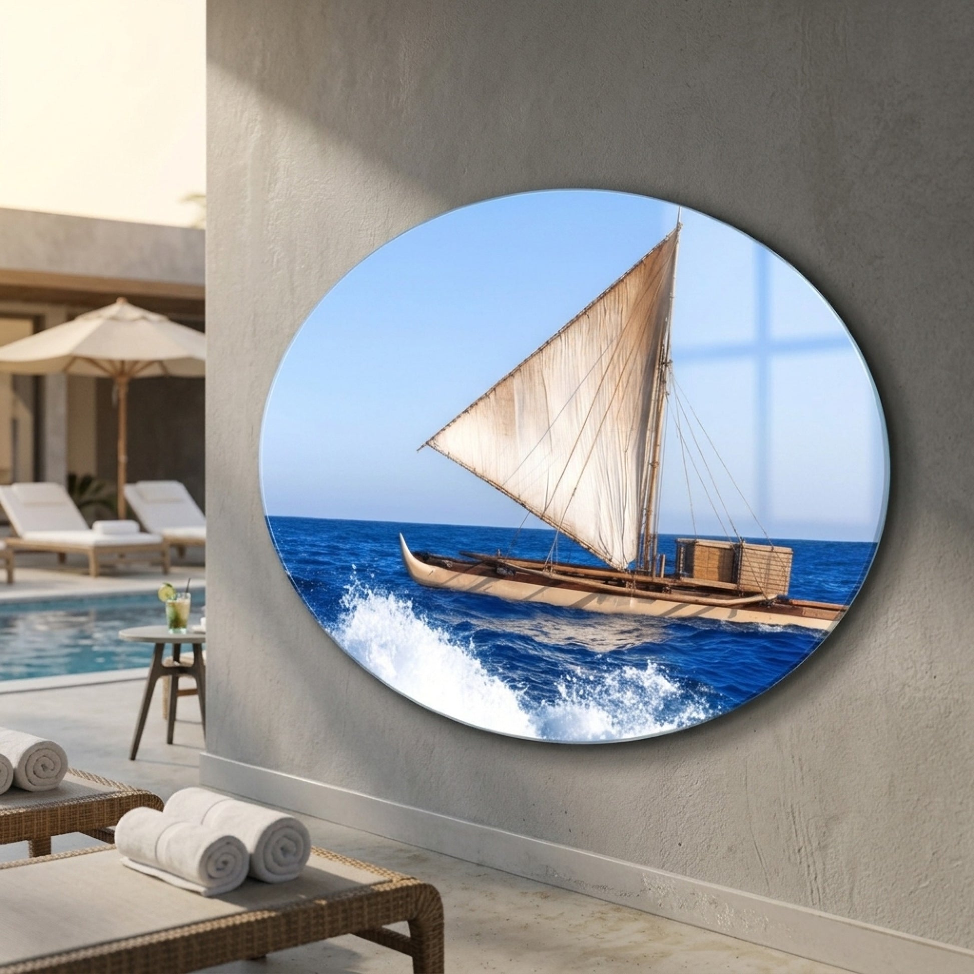 Geleneksel Yelkenli Outrigger Kano Deniz Manzarası Oval Yatay Cam Tablo