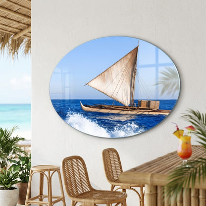 Geleneksel Yelkenli Outrigger Kano Deniz Manzarası Oval Yatay Cam Tablo