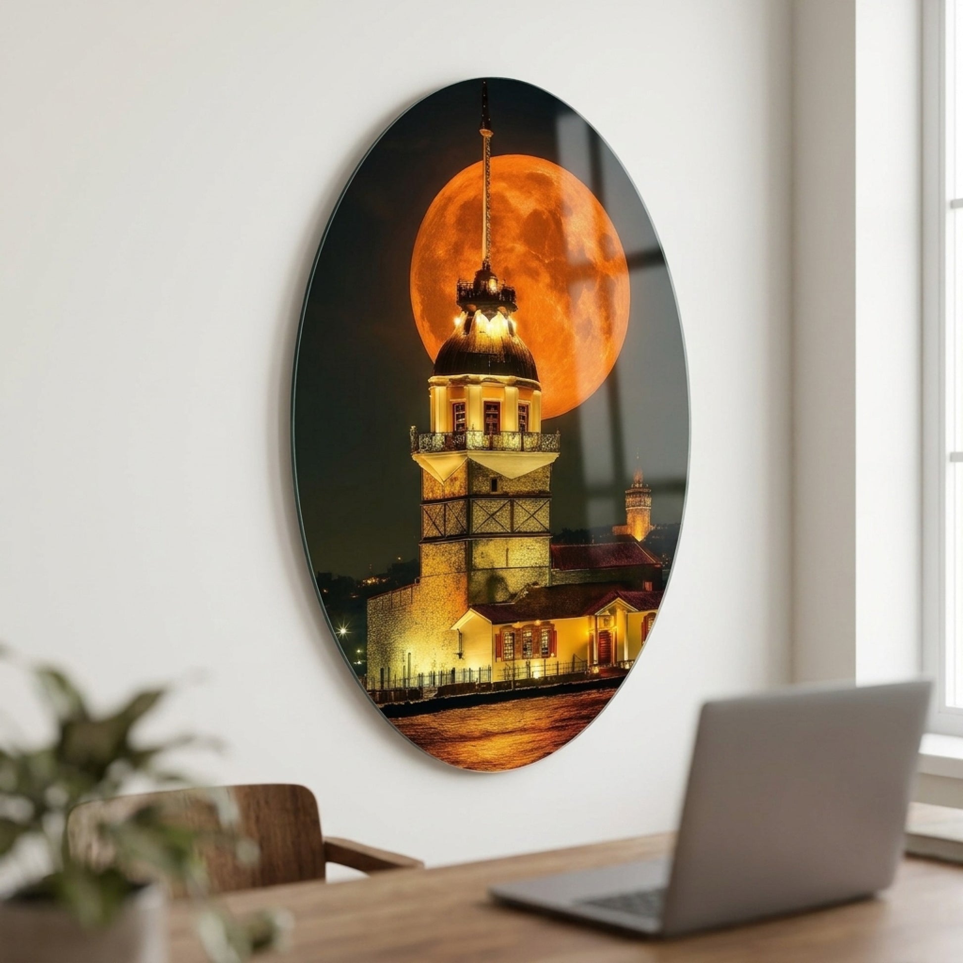 Kız Kulesi Dev Dolunay Manzarası Oval Dikey Cam Tablo