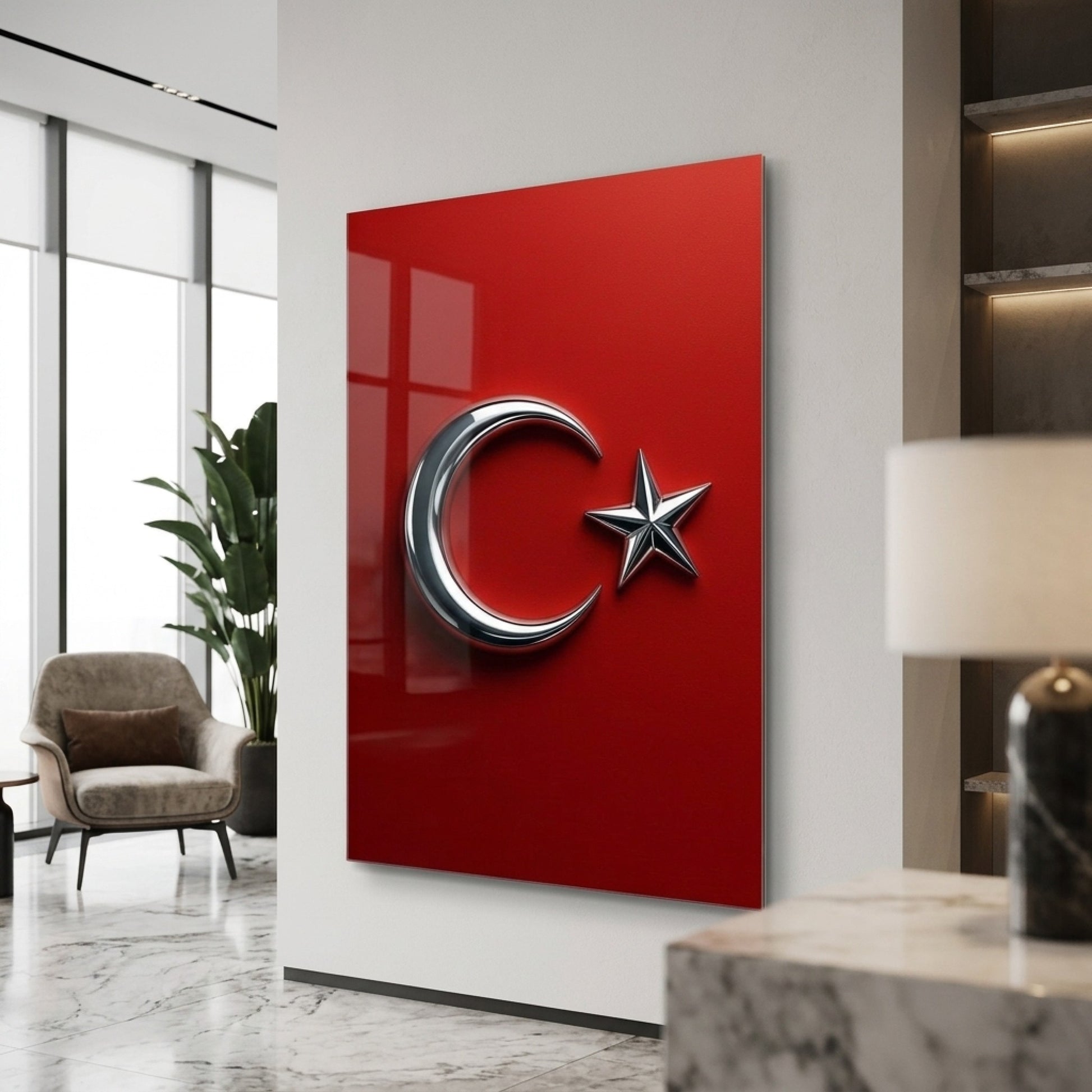Modern Metalik Ay Yıldız Türk Bayrağı Simgesi Dikey Cam Tablo