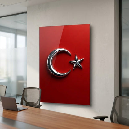 Modern Metalik Ay Yıldız Türk Bayrağı Simgesi Dikey Cam Tablo