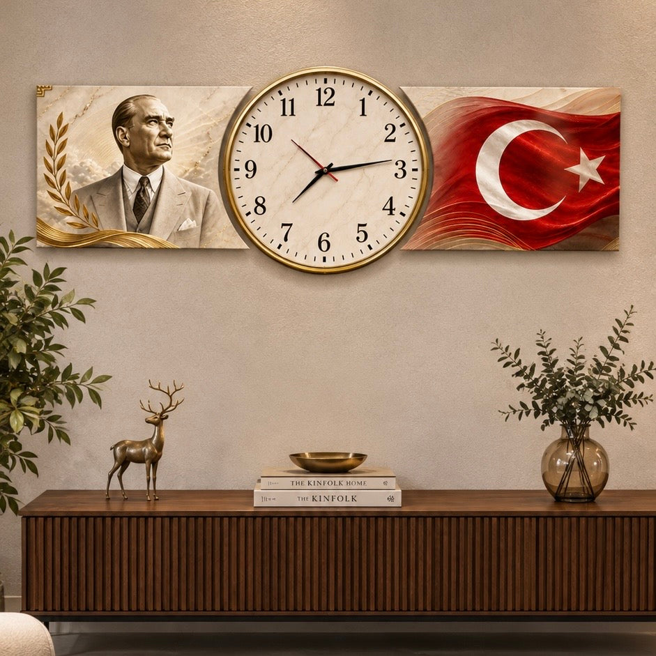 Atatürk Türk Bayrağı Saatli Şekilli Kesim Saat Cam Saat