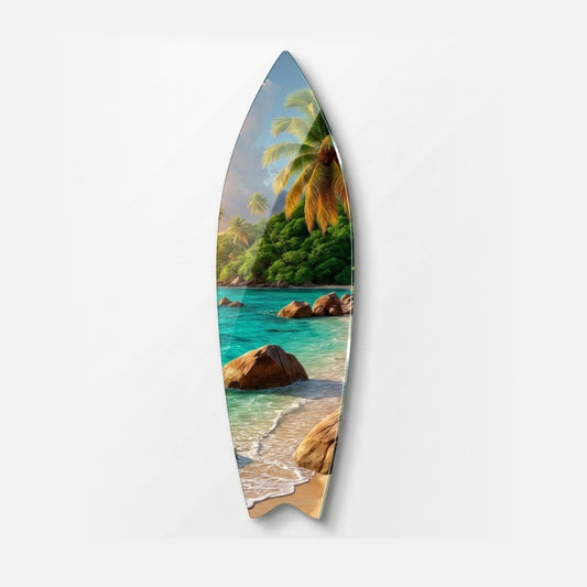 Tropik Seyşeller Kumsalı Gün Batımı Surf Board Cam Tablo