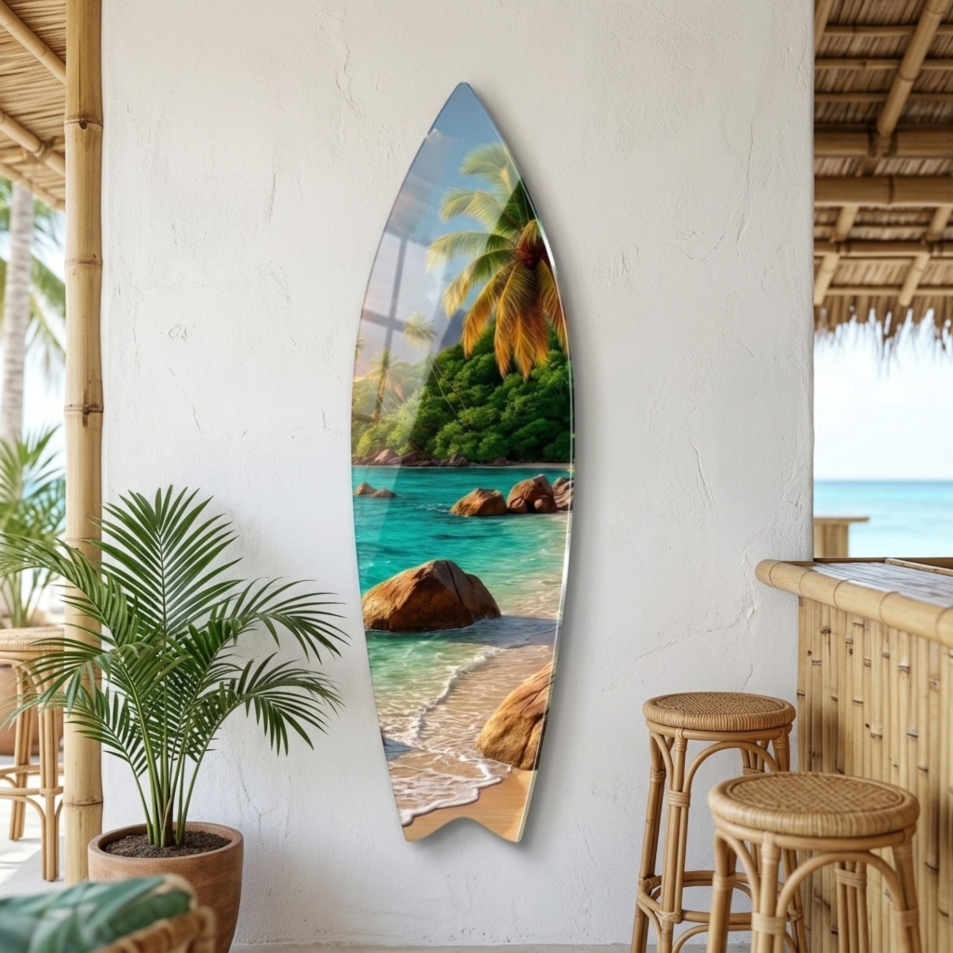 Tropik Seyşeller Kumsalı Gün Batımı Surf Board Cam Tablo