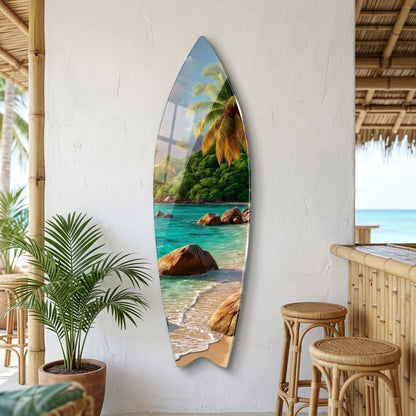 Tropik Seyşeller Kumsalı Gün Batımı Surf Board Cam Tablo