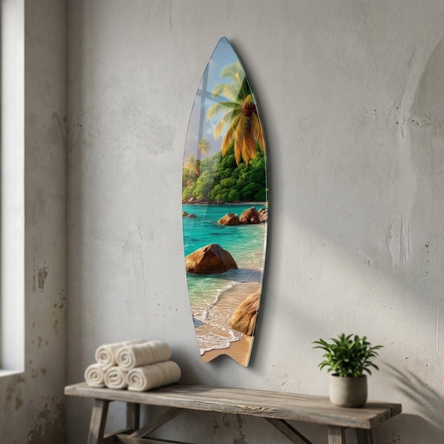 Tropik Seyşeller Kumsalı Gün Batımı Surf Board Cam Tablo