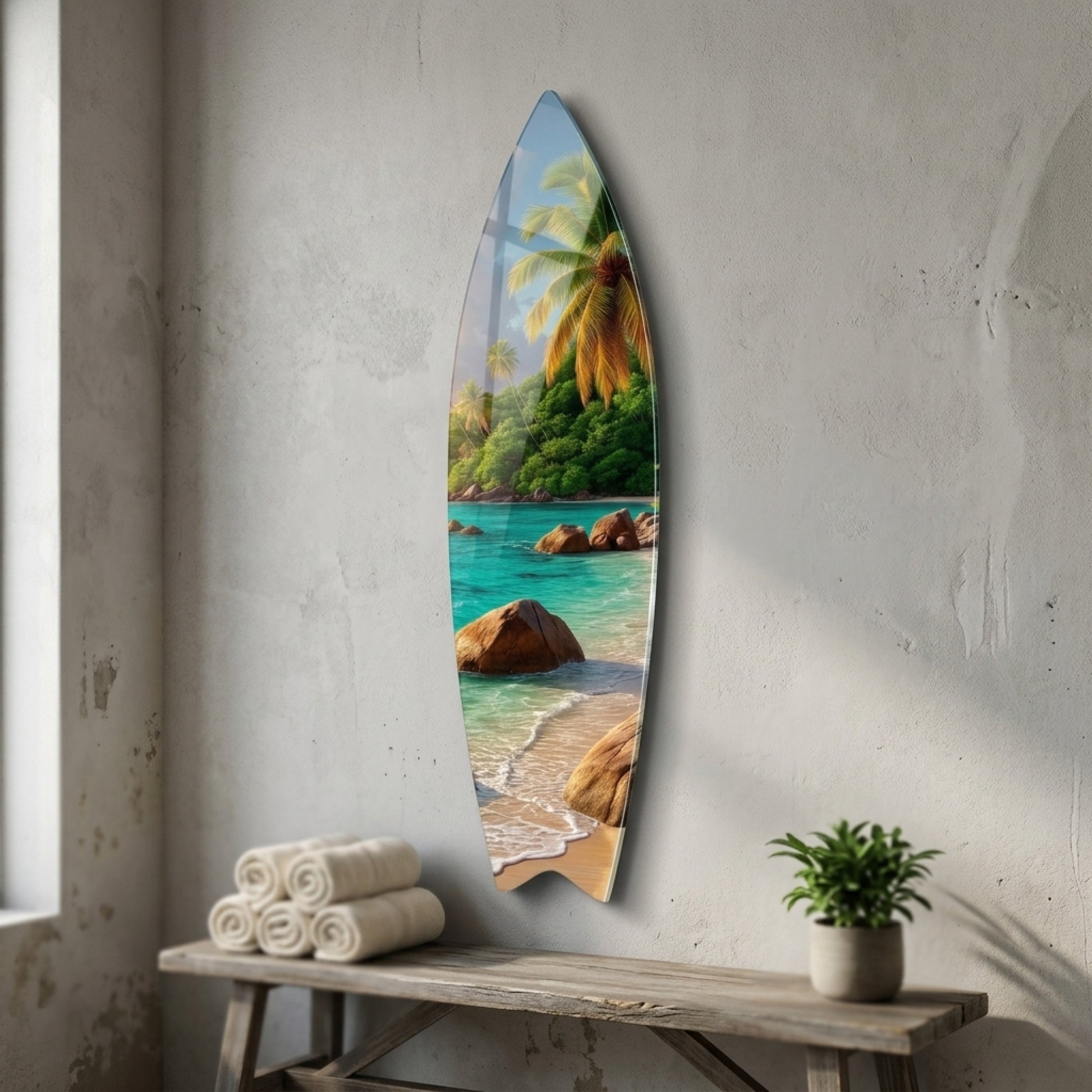 Tropik Seyşeller Kumsalı Gün Batımı Surf Board Cam Tablo