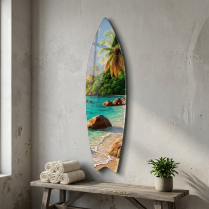 Tropik Seyşeller Kumsalı Gün Batımı Surf Board Cam Tablo