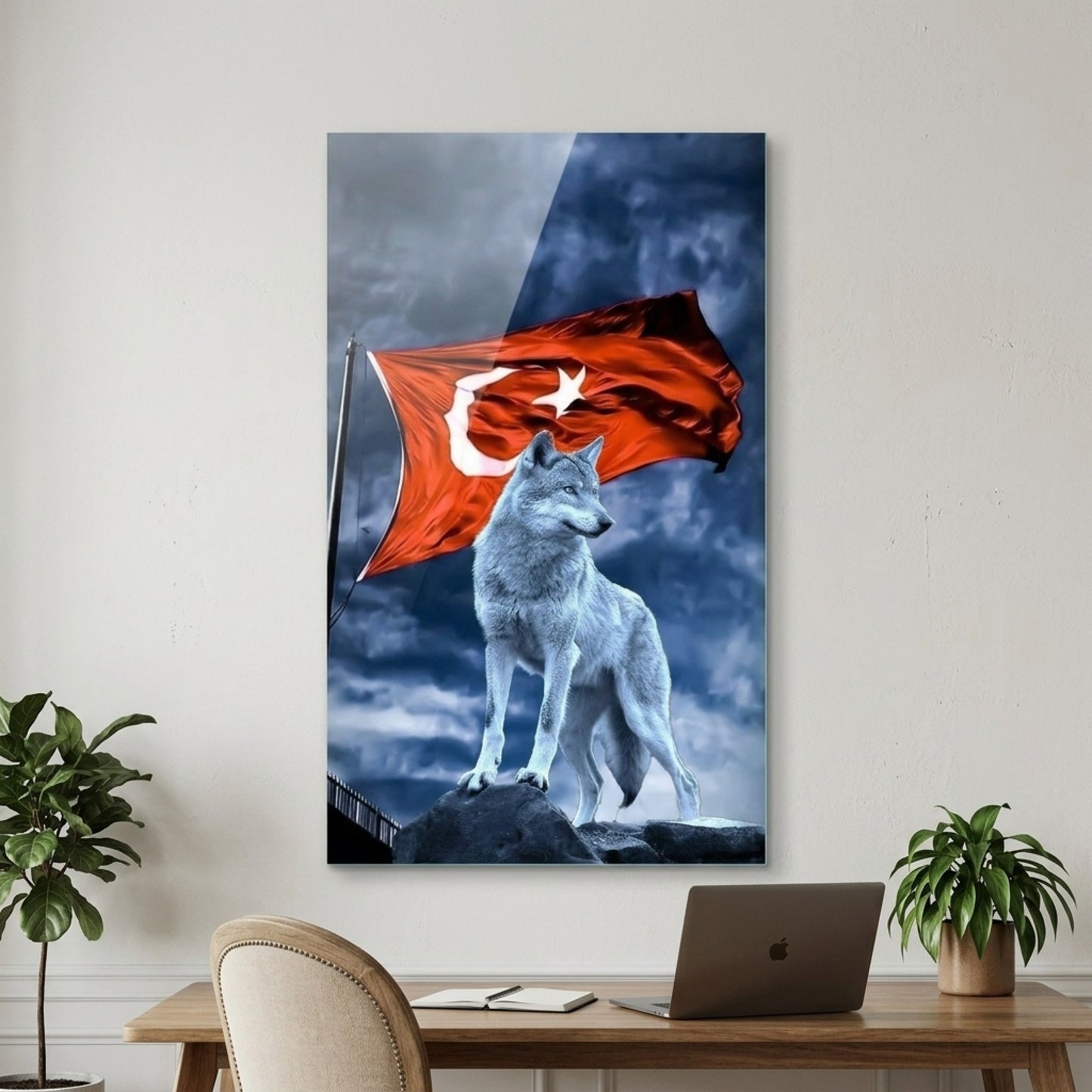 Asil Kurt ve Şanlı Türk Bayrağı Dikey Cam Tablo