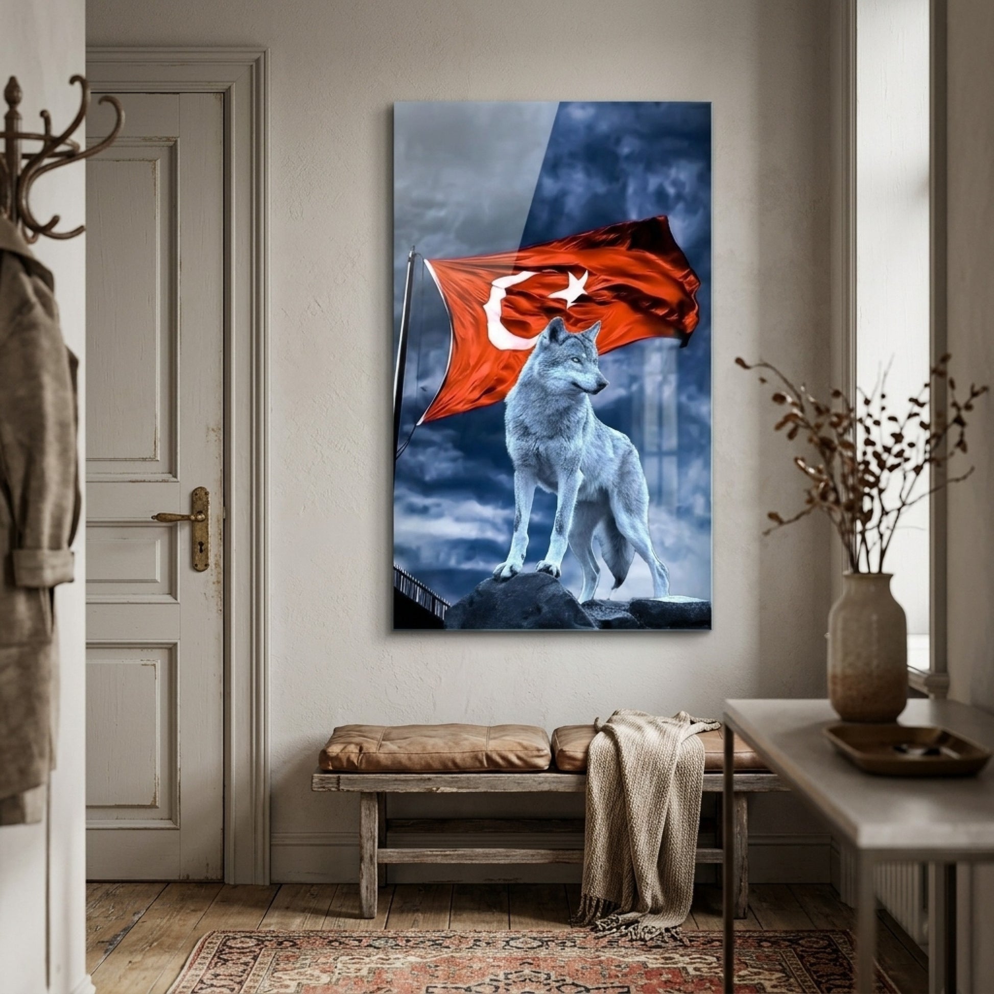 Asil Kurt ve Şanlı Türk Bayrağı Dikey Cam Tablo