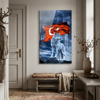 Asil Kurt ve Şanlı Türk Bayrağı Dikey Cam Tablo
