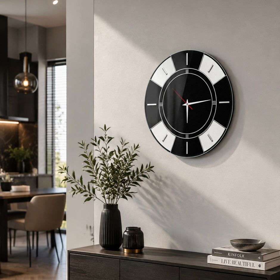 Art Deco Stil Siyah Beyaz Cam Saat