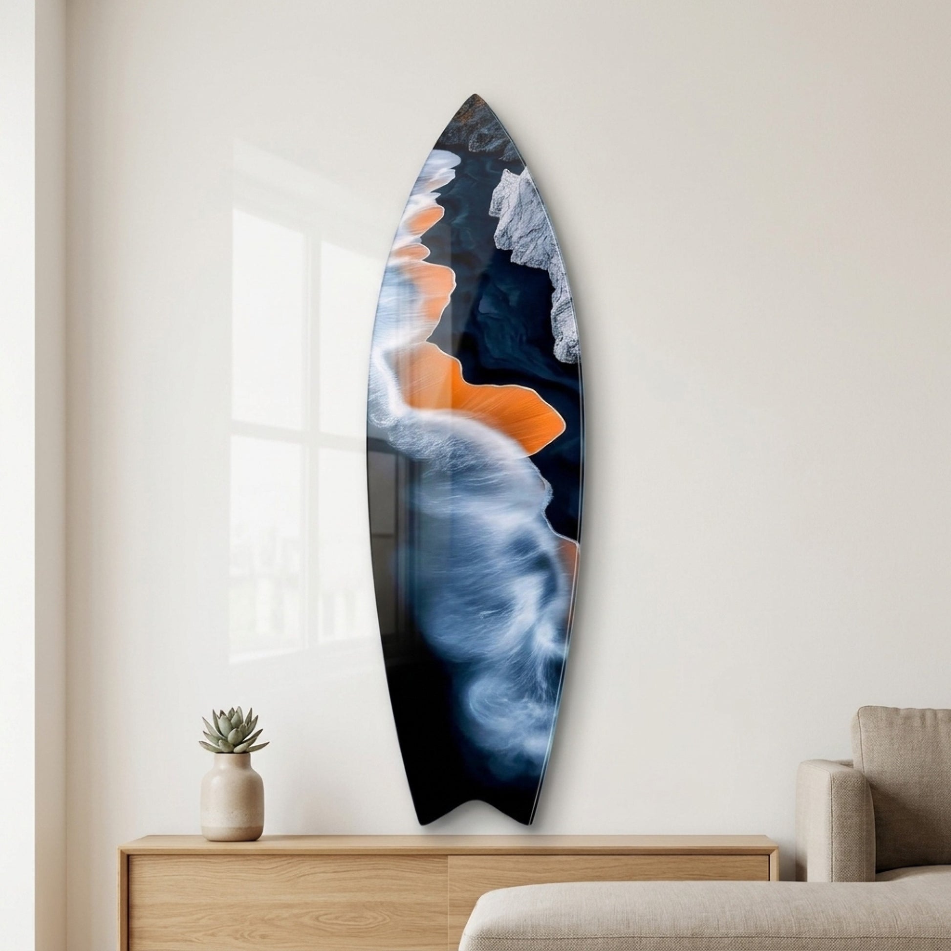 Soyut Dalga ve Turuncu Sahil Manzarasi Surf Board Cam Tablo