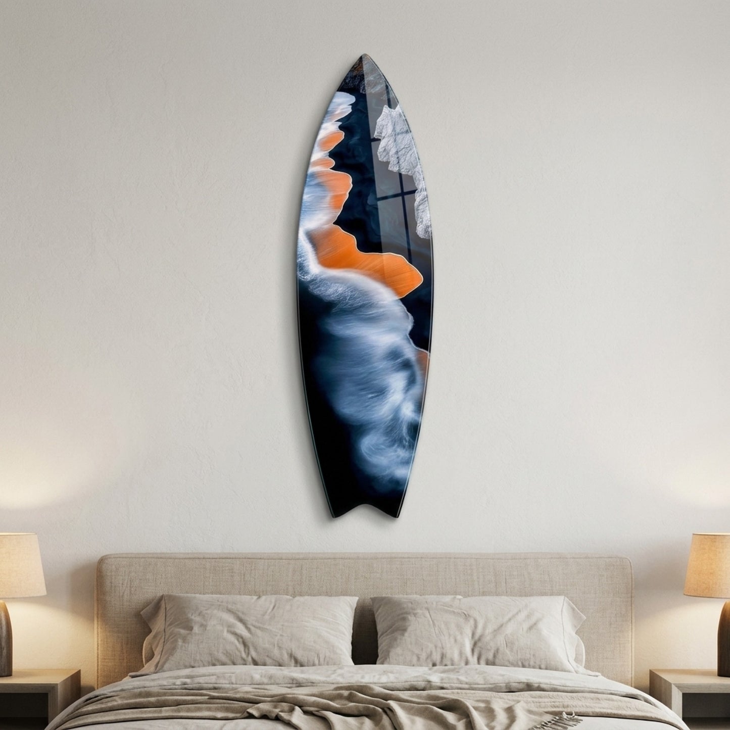 Soyut Dalga ve Turuncu Sahil Manzarasi Surf Board Cam Tablo