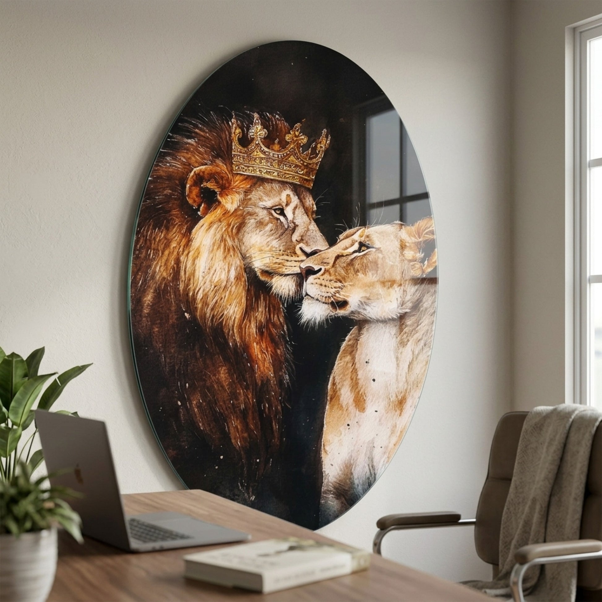 Kral Aslan ve Kraliçe Aslan Çift Portresi Oval Dikey Cam Tablo