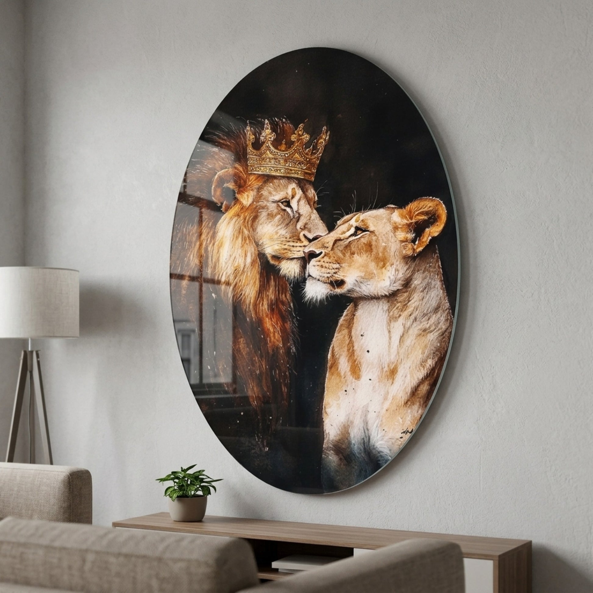 Kral Aslan ve Kraliçe Aslan Çift Portresi Oval Dikey Cam Tablo