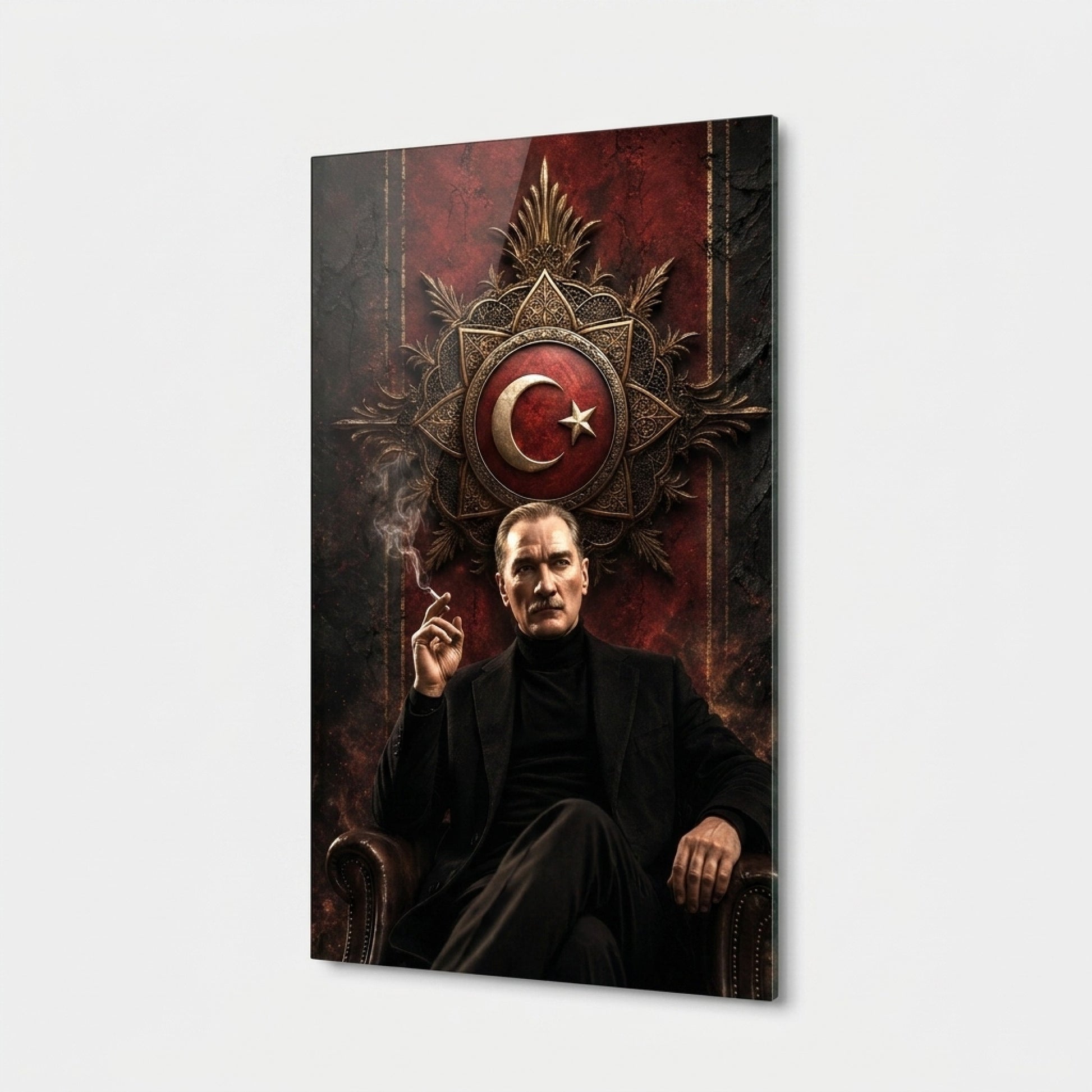Modern Atatürk Portresi ve Ay Yıldız Arma Dikey Cam Tablo