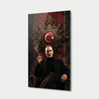 Modern Atatürk Portresi ve Ay Yıldız Arma Dikey Cam Tablo
