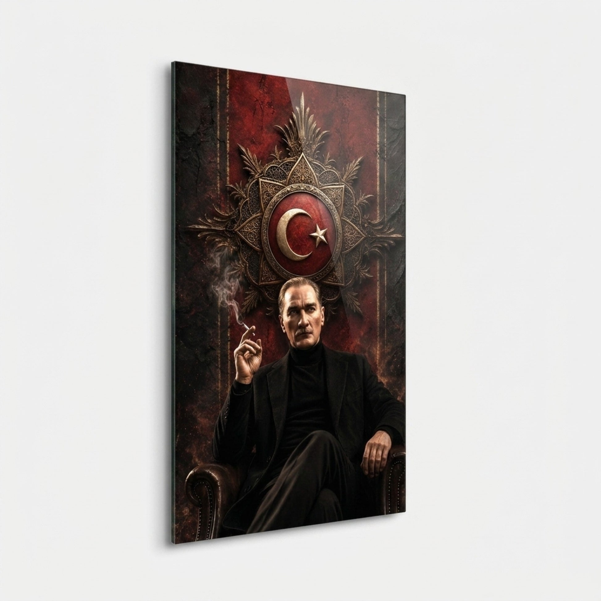 Modern Atatürk Portresi ve Ay Yıldız Arma Dikey Cam Tablo